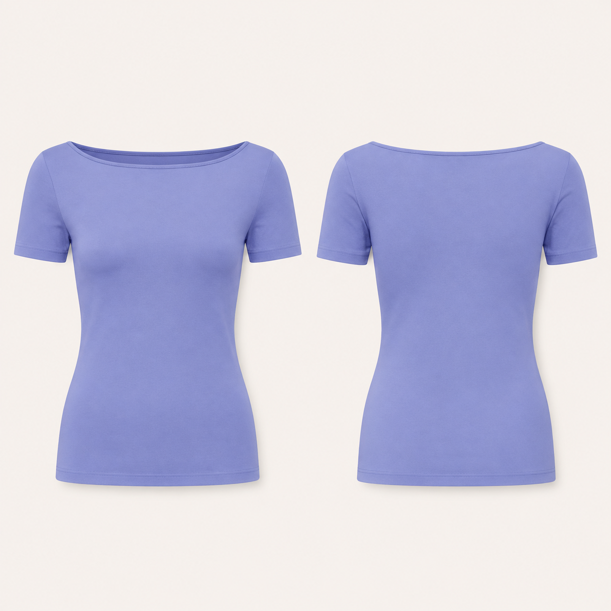 Front and back concept views of a plain periwinkle fitted short-sleeve tee with a broad shallow boat neckline and straight upper-hip hem.