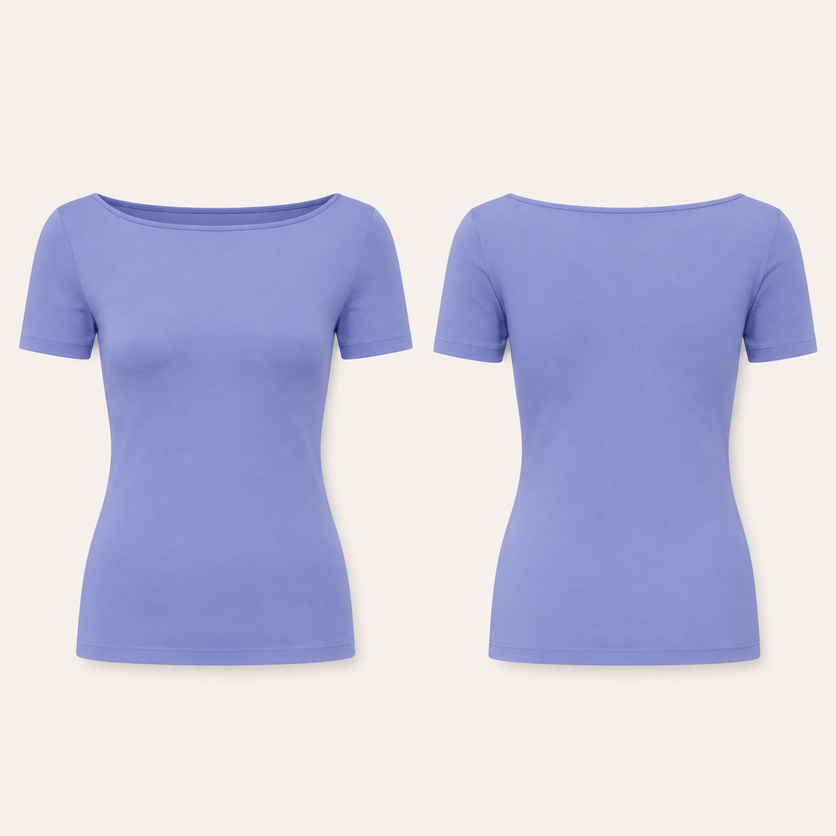 Front and back concept views of a plain periwinkle fitted short-sleeve tee with a broad shallow boat neckline and straight upper-hip hem.