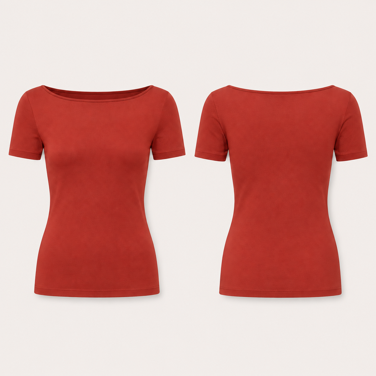 Front and back concept views of the same fitted boat-neck tee in red clay.