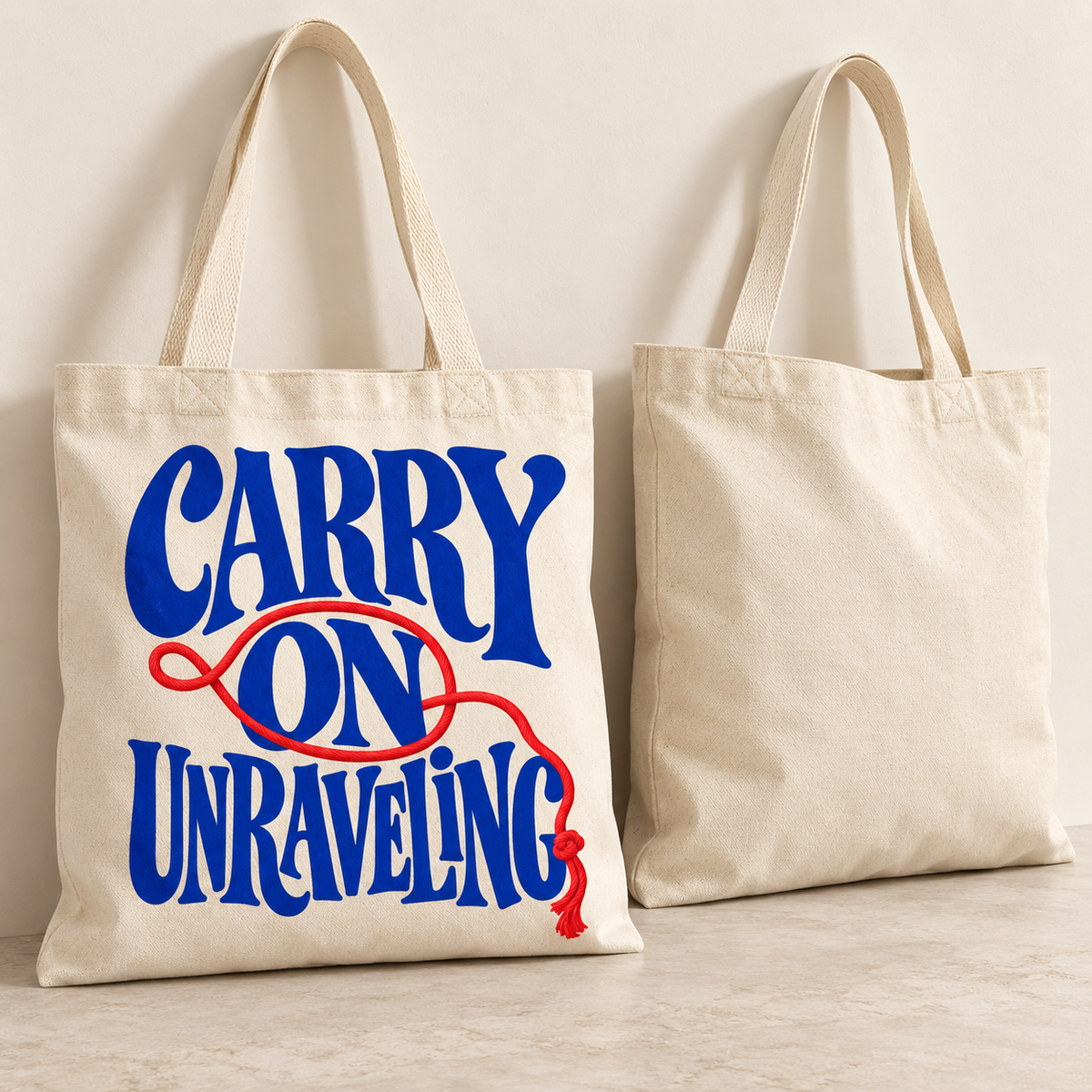 Original Carry On Unraveling concept illustration. Illustrative composition only, not the actual print scale. The current tote has a maximum 10 by 12-inch print area, with artwork fitted at 9.6 by 12 inches including transparent margins. See the first four supplier mockups for the current product.