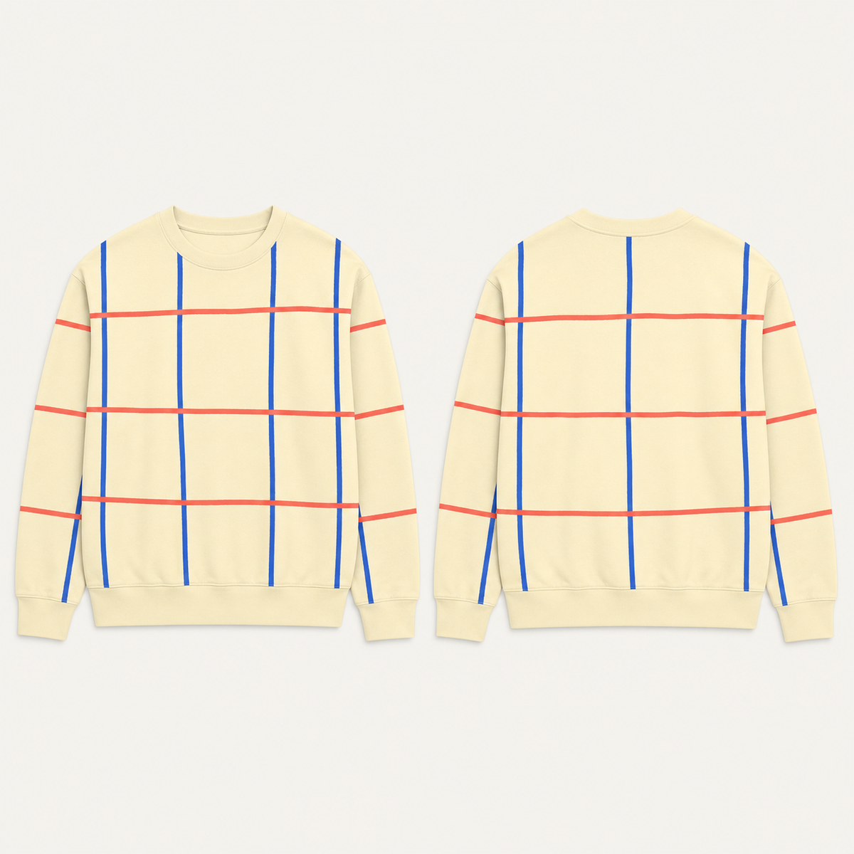 Front and back concept views of a broad butter crewneck with an open grid of cobalt vertical and coral horizontal painted lines and plain ribs.