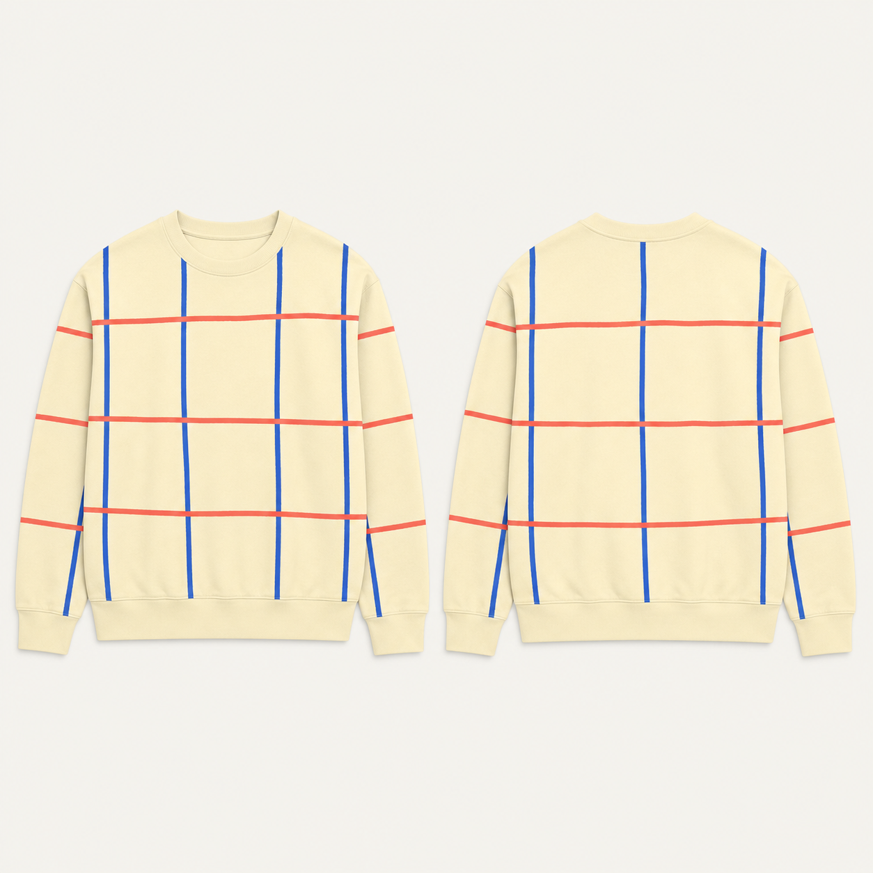Front and back concept views of a broad butter crewneck with an open grid of cobalt vertical and coral horizontal painted lines and plain ribs.