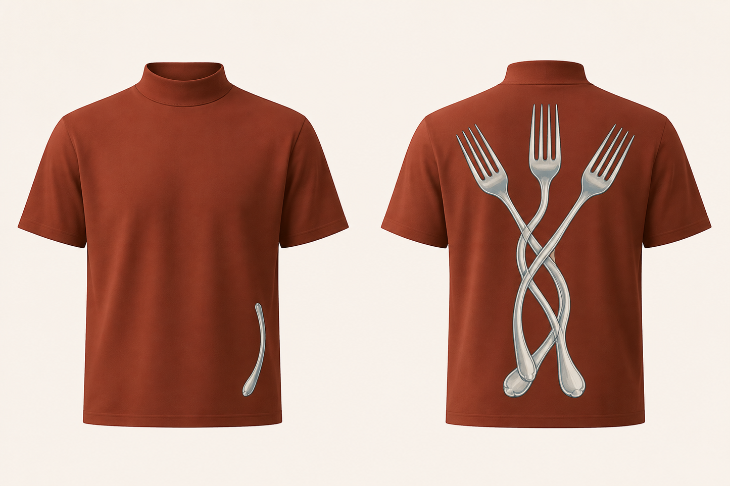 Front and back of a Burnt Sienna short-sleeve mock-neck tee, with three silver forks forming a broad fan of interlaced handles on the back and a single curved silver stroke low on the front.
