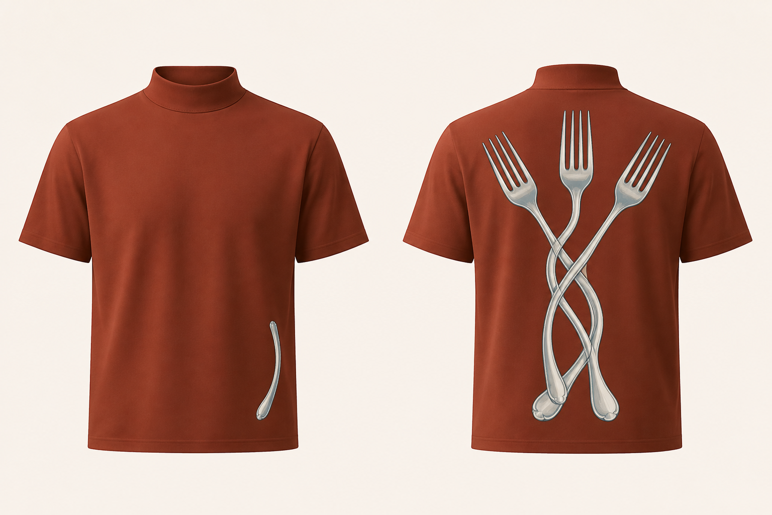 Front and back of a Burnt Sienna short-sleeve mock-neck tee, with three silver forks forming a broad fan of interlaced handles on the back and a single curved silver stroke low on the front.