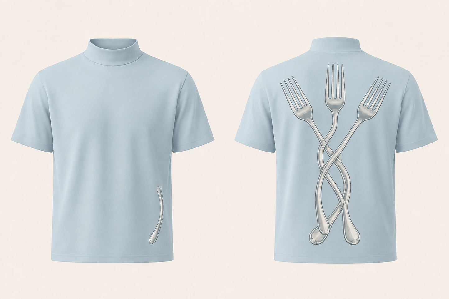 Front and back of a Glacier Blue short-sleeve mock-neck tee, with three silver forks forming a broad fan of interlaced handles on the back and a single curved silver stroke low on the front.