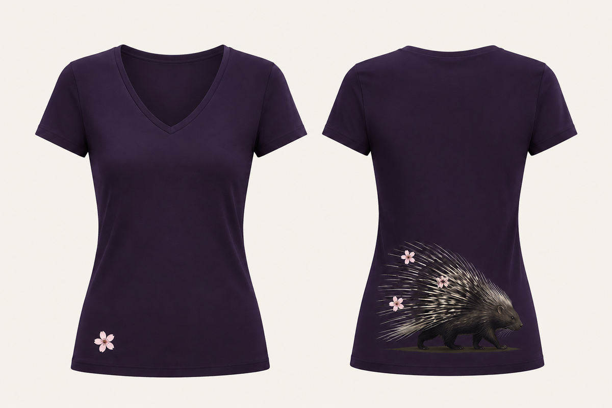 Front and back of a Blackberry fitted V-neck short-sleeve tee, with one pale pink blossom low on the front and a natural porcupine carrying three blossoms in its quills low on the back.