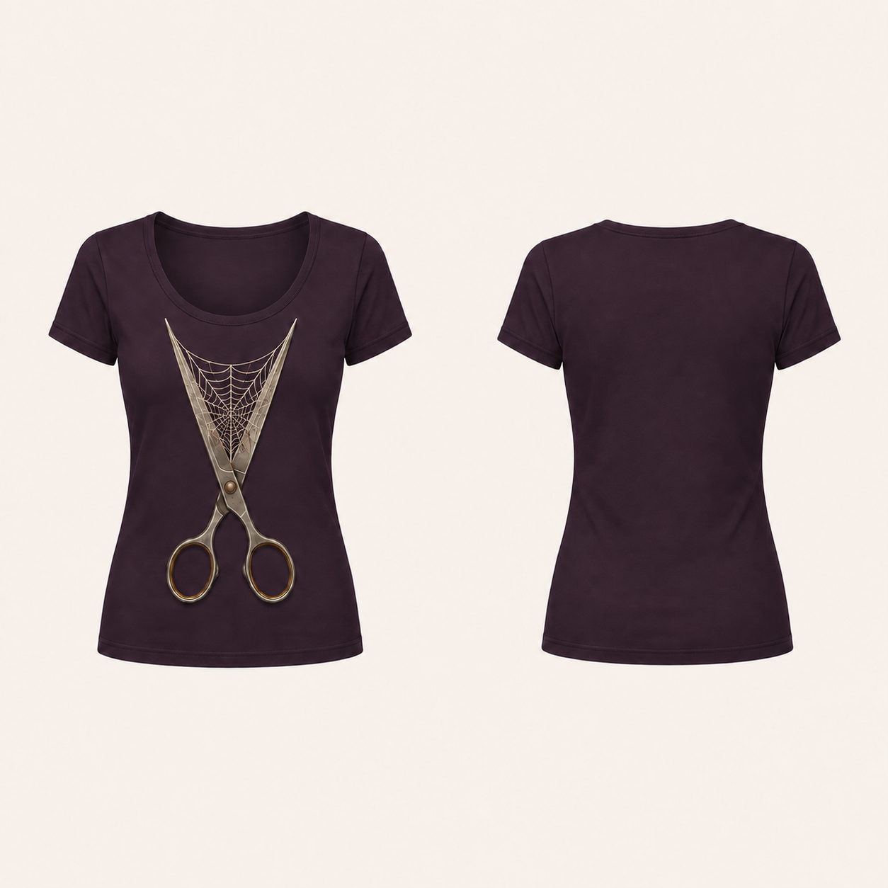 Front and back of an ink-plum fitted scoop-neck short-sleeve tee, with open sewing scissors supporting a fine empty web on the front.