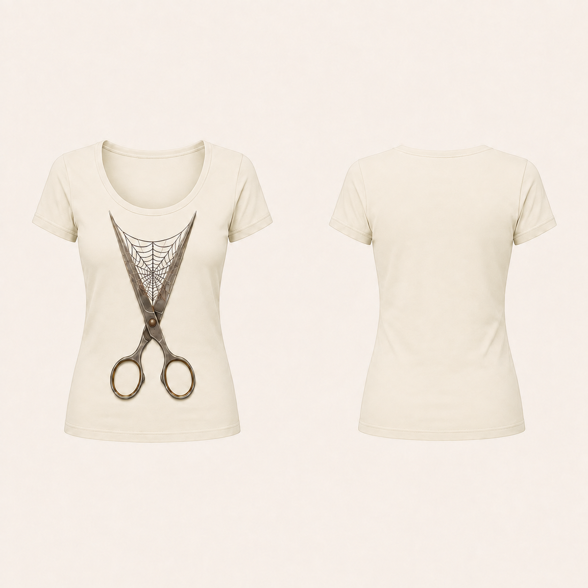 Front and back of a milk-colored fitted scoop-neck short-sleeve tee, with open sewing scissors supporting a fine dark empty web on the front.