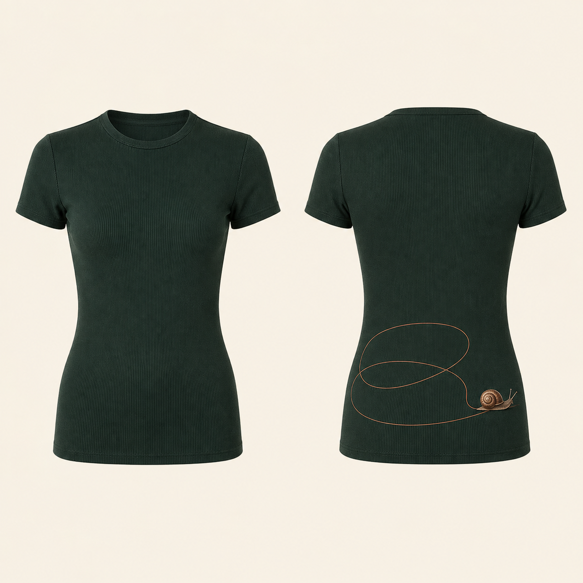 Front and back of a fitted bottle-green rib tee with a high crew neck; two copper loops unwind toward a small natural snail on the lower back.