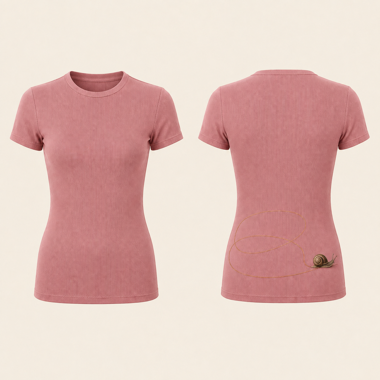 Front and back of a fitted dusty-rose rib tee with a high crew neck; two copper loops unwind toward a small natural snail on the lower back.