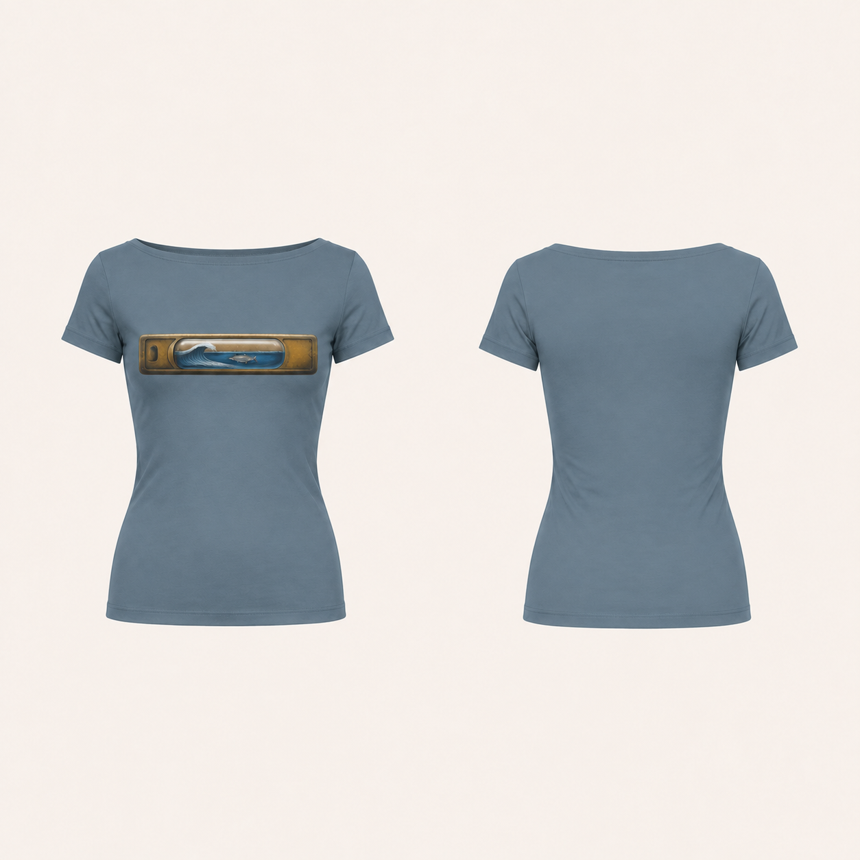 Front and back of a mineral-blue fitted boat-neck short-sleeve tee, with a brass spirit level containing a tiny wave and silver fish in its central glass vial on the front.