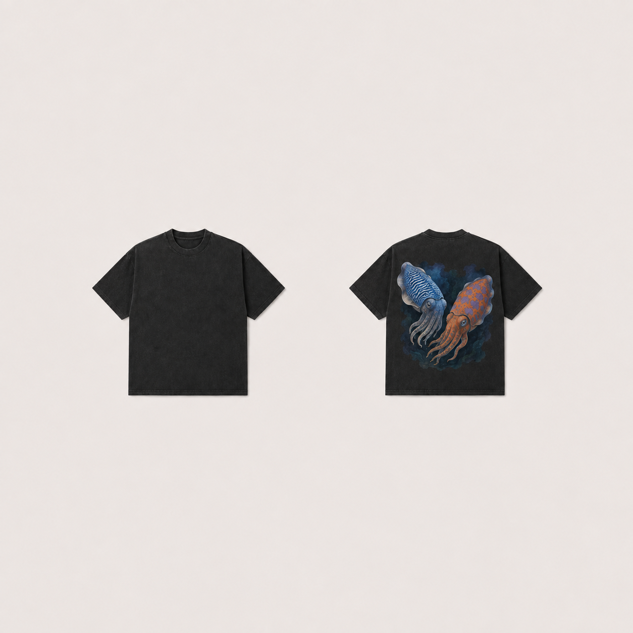 Front and back of a washed-black boxy tee with a plain front and blue and orange cuttlefish close together on the back.