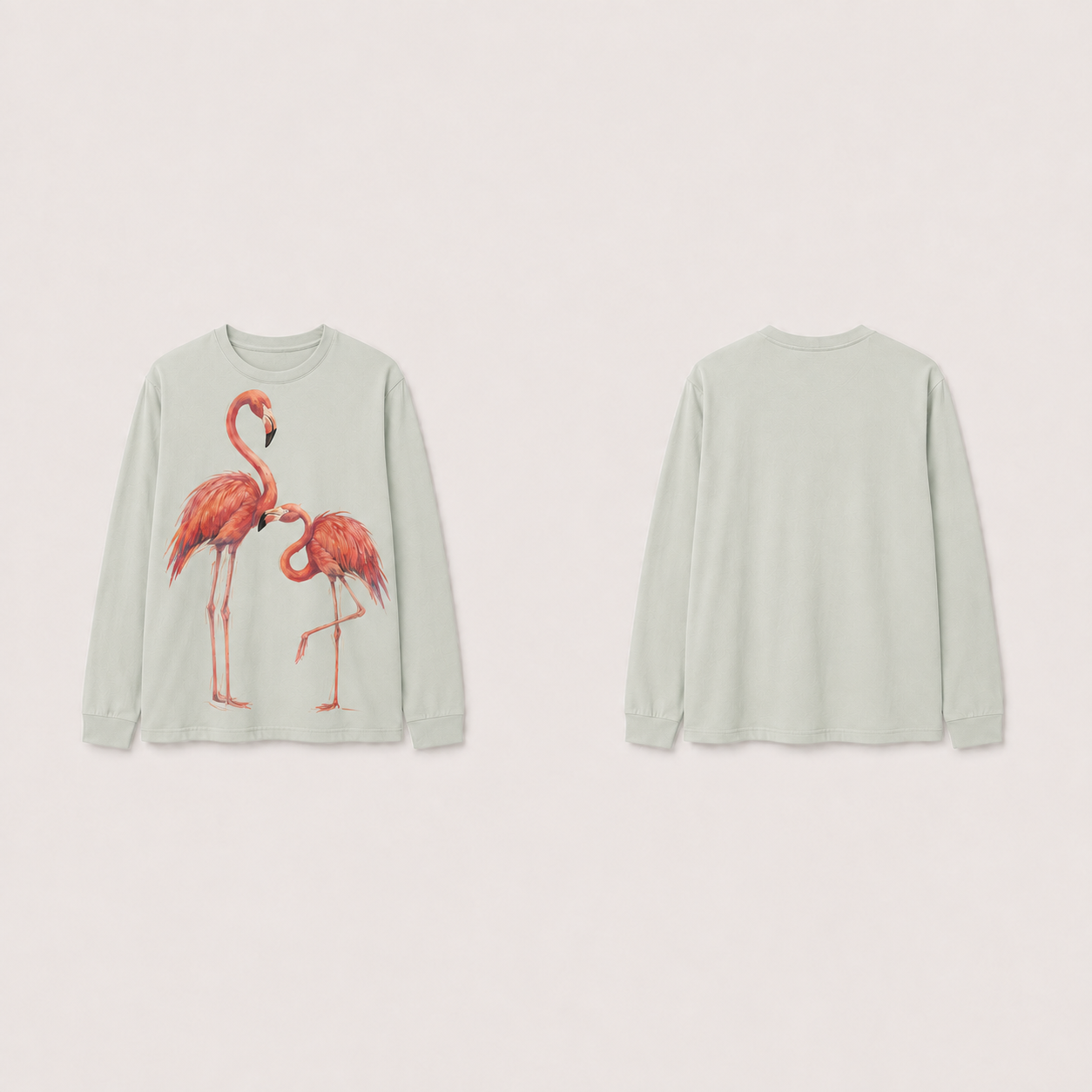 The same long-sleeve tee in pale celadon, retaining the two coral flamingos and plain back.