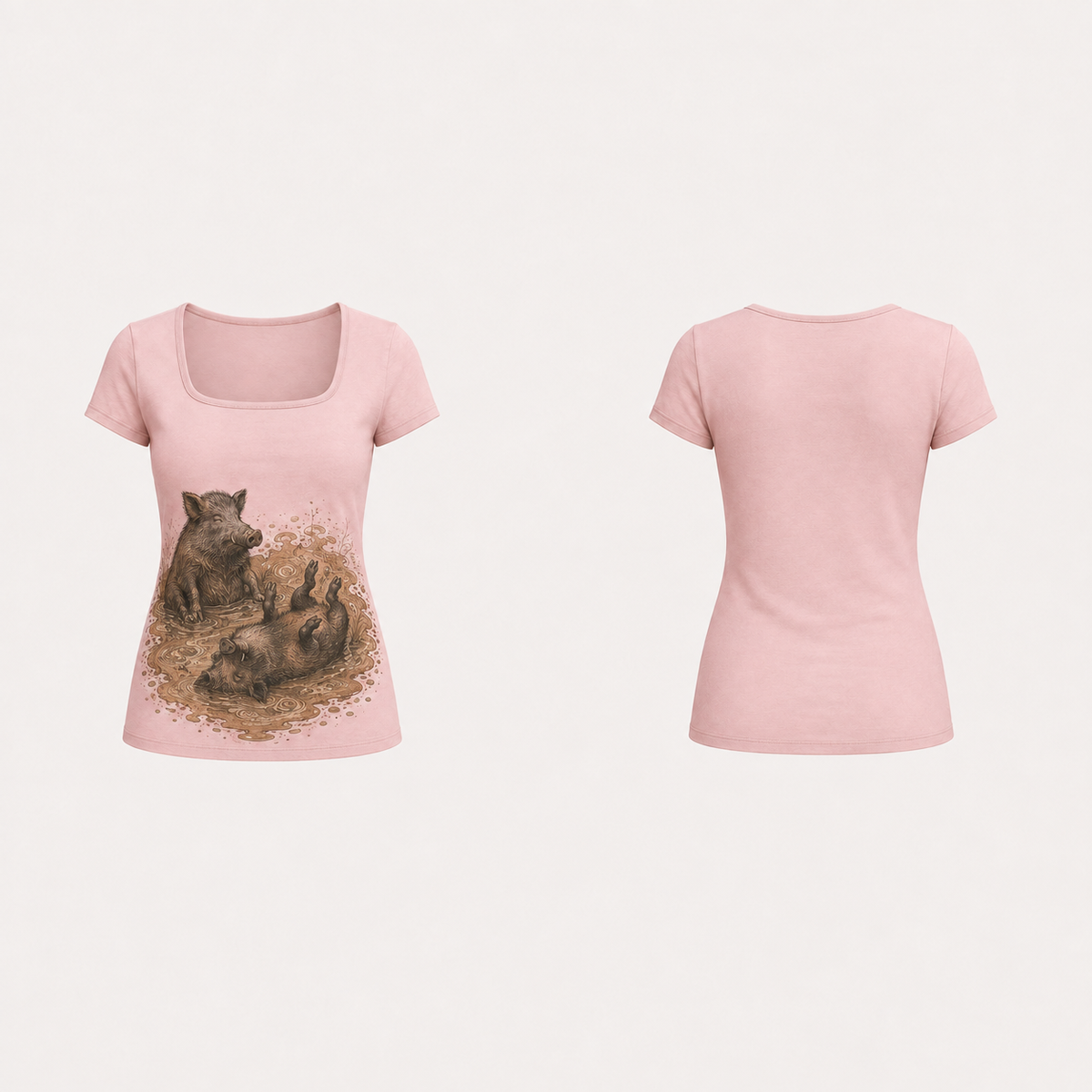 Front and back of a chalk-pink fitted tee with a softly squared neck and two boars enjoying a mud hollow on the lower front.
