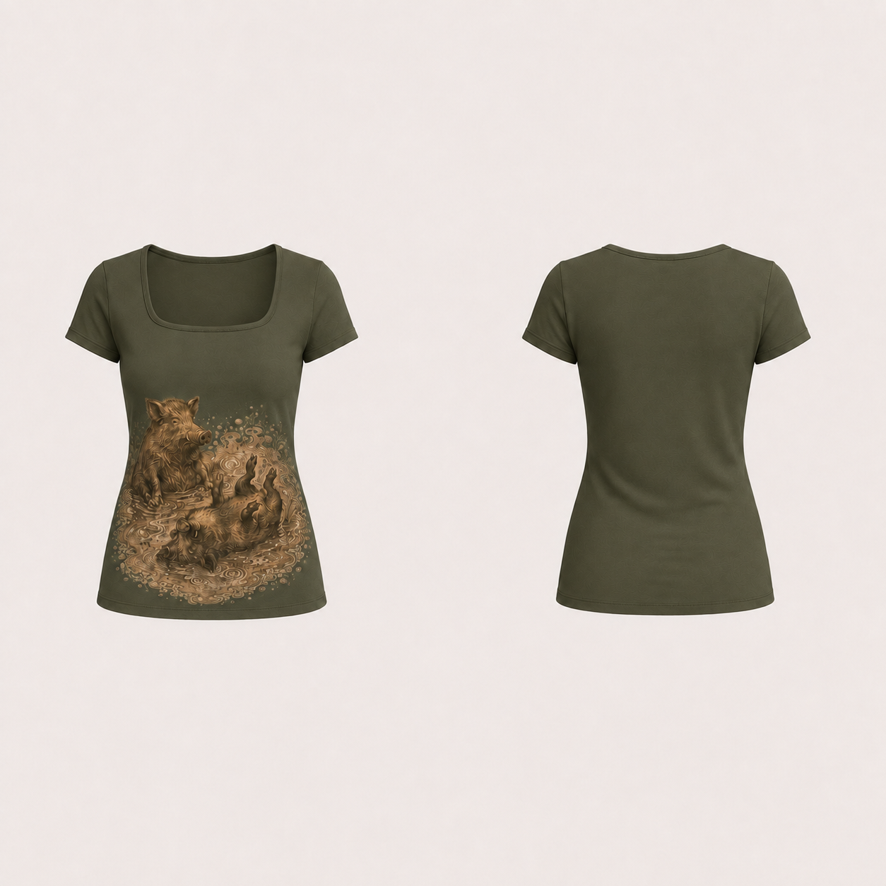 The same fitted tee in dark moss, with the two-boar mud illustration retained on the lower front and a plain back.