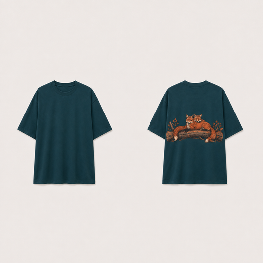 Front and back of a deep-teal relaxed tee with two red foxes resting close together on a log across the back. HELLOH design preview.
