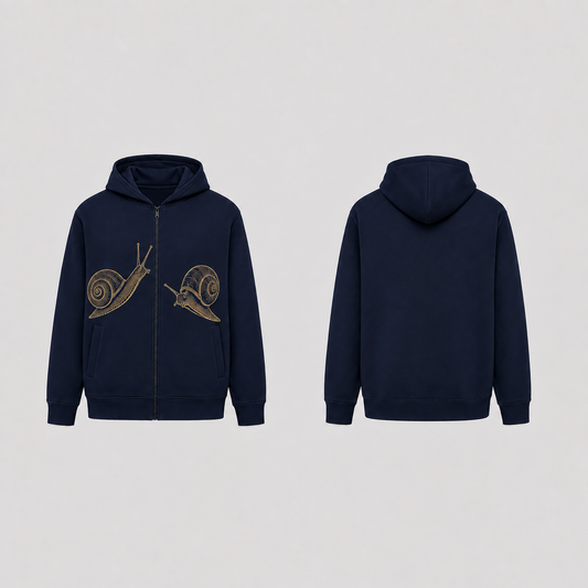 Front and back of a Deep Navy zip hoodie with two natural gold-line snails taking unequal paths on either side of the zipper; plain back. HELLOH design preview.