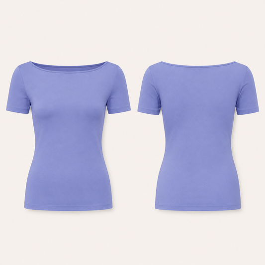 Front and back concept views of a plain periwinkle fitted short-sleeve tee with a broad shallow boat neckline and straight upper-hip hem. HELLOH design preview.