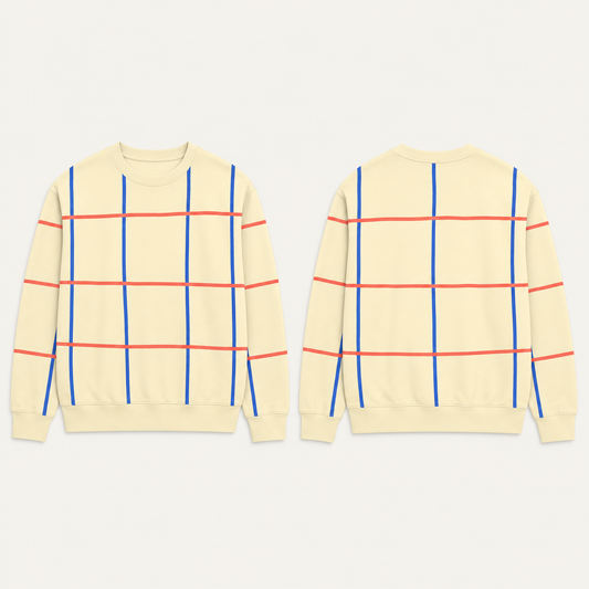 Front and back concept views of a broad butter crewneck with an open grid of cobalt vertical and coral horizontal painted lines and plain ribs. HELLOH design preview.