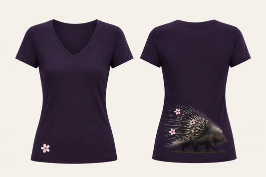 Front and back of a Blackberry fitted V-neck short-sleeve tee, with one pale pink blossom low on the front and a natural porcupine carrying three blossoms in its quills low on the back. HELLOH design preview.