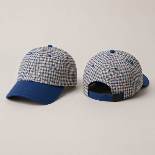 Front and rear views of a low-profile cobalt-and-butter checked cap with a solid cobalt peak and rear strap. HELLOH design preview.