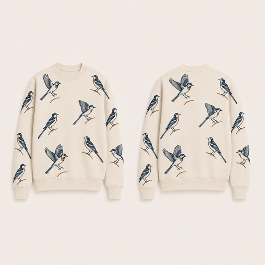 Front and back of a Warm Cream crewneck with an open navy-and-ochre repeat of long-tailed birds perched, alighting and departing from short curved stems; plain rib edges. HELLOH design preview.