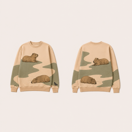 Front and back of a Pale Apricot crewneck with four natural capybaras resting across broad olive and sand ground shapes, and one small upright pigeon near a front cuff. HELLOH design preview.