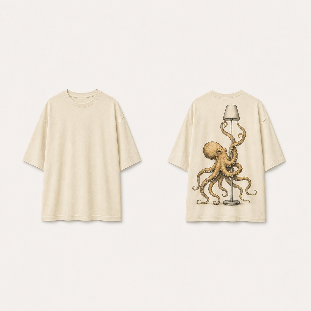 Front and back concept views of a warm-cream oversized tee with an ochre octopus curling around a slender unlit floor lamp on the back.