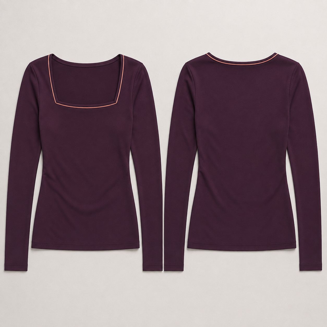Front and back of a dark plum fitted long-sleeve top with a low rounded-square front neckline traced by a narrow apricot edge.