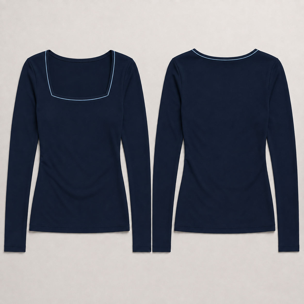 Front and back of the same long-sleeve top in ink blue with a narrow pale-blue neckline edge.