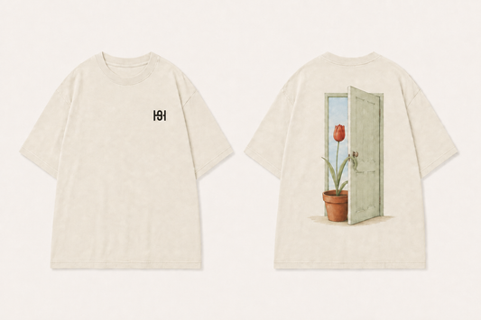 Front and back of an Ecru oversized tee with a small dark HELLOH symbol on the wearer-left chest and an open mint door stopped by a terracotta pot holding a red tulip on the back.