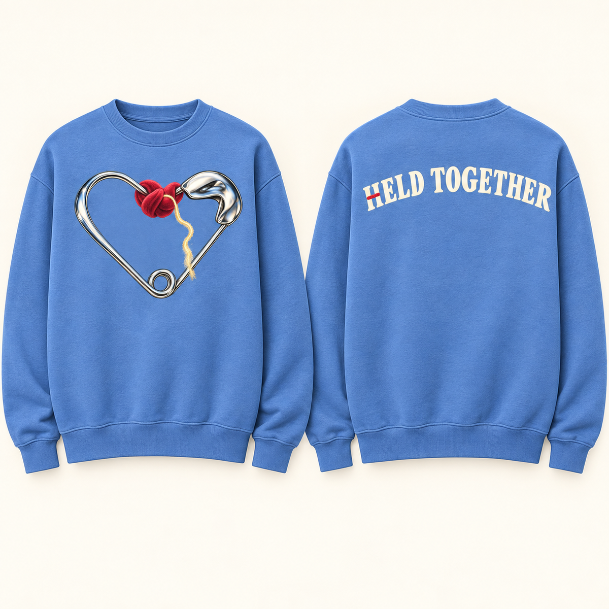 Original HELLOH Loose Ends concept illustration, retained as a design reference. The supplier mockups show the current Carolina Blue garment and print placement.