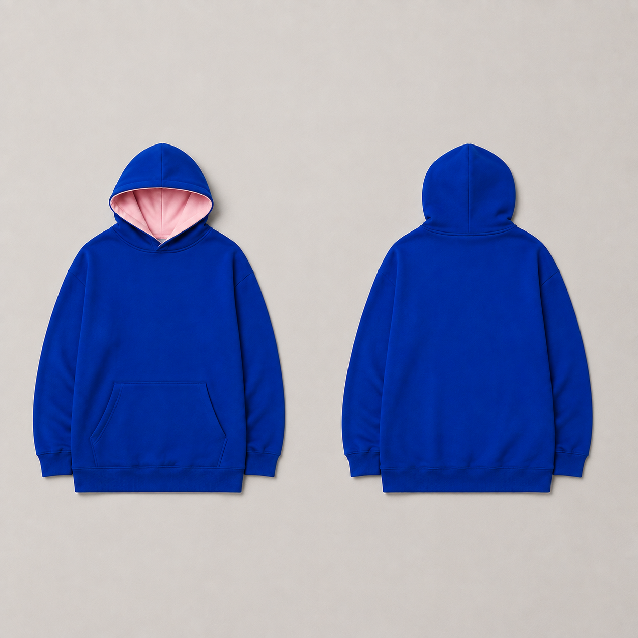 Front and back of a broad ultramarine pullover hoodie with pale pink hood lining and a single front kangaroo pocket.