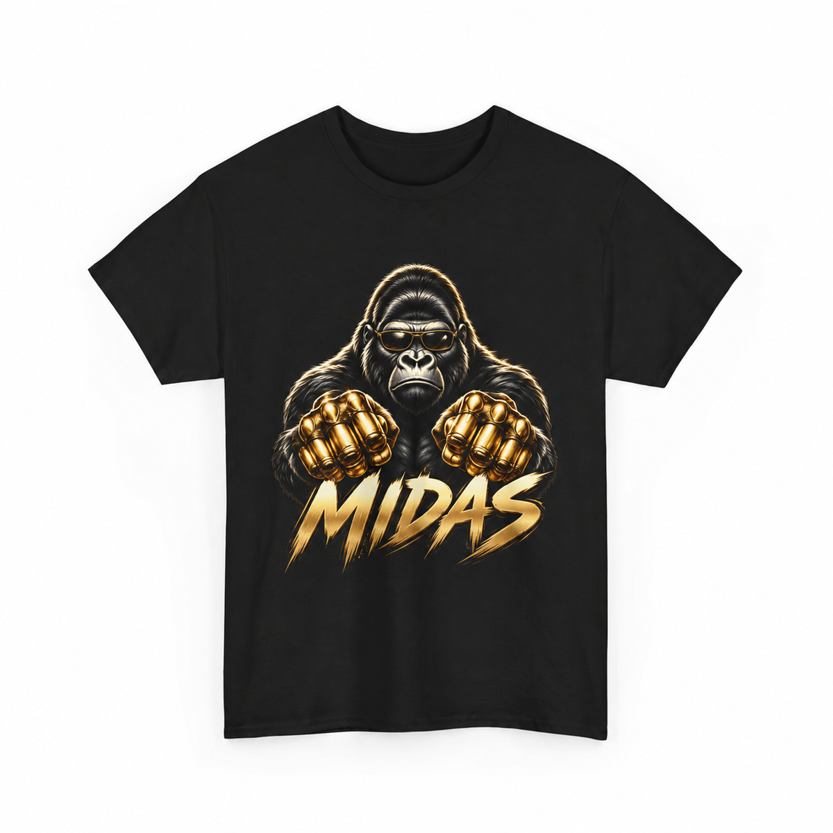 Black Midas tee concept with a gorilla wearing sunglasses, metallic golden hands, and gold MIDAS lettering.