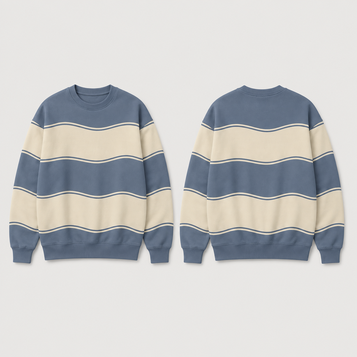 Front and back concept views of a broad blue-smoke-and-cream crewneck with wide gently wavering horizontal bands, fine echo borders and solid blue-smoke ribs.