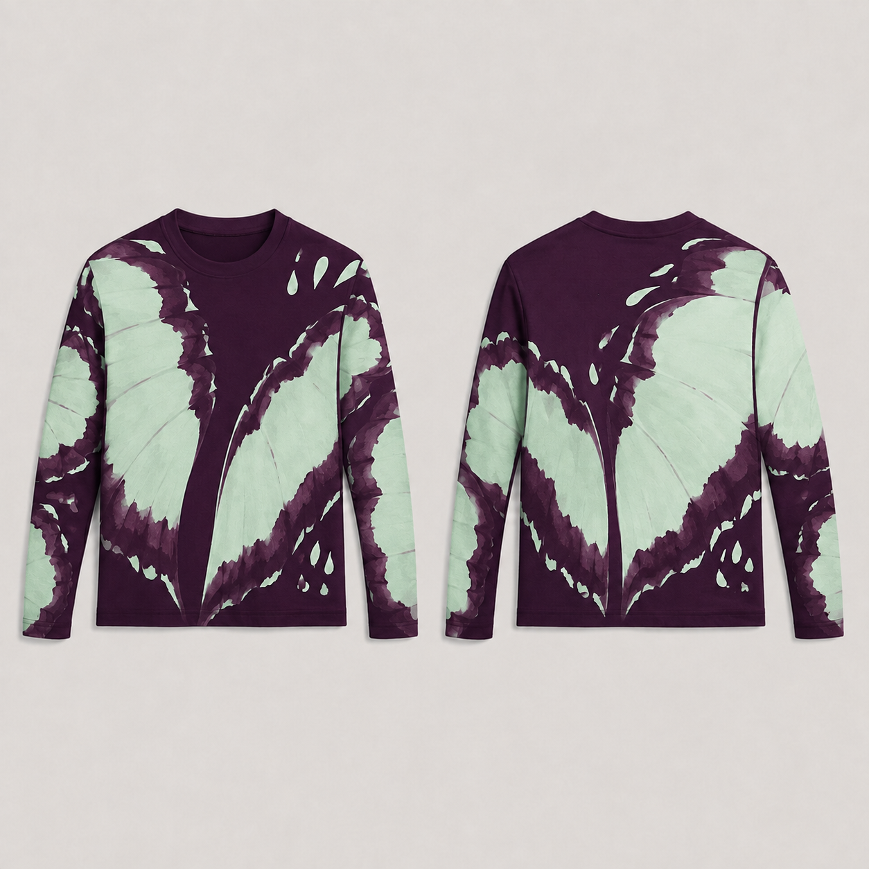 Front and back of the same ornamental long-sleeve tee in deep plum and pale mint.
