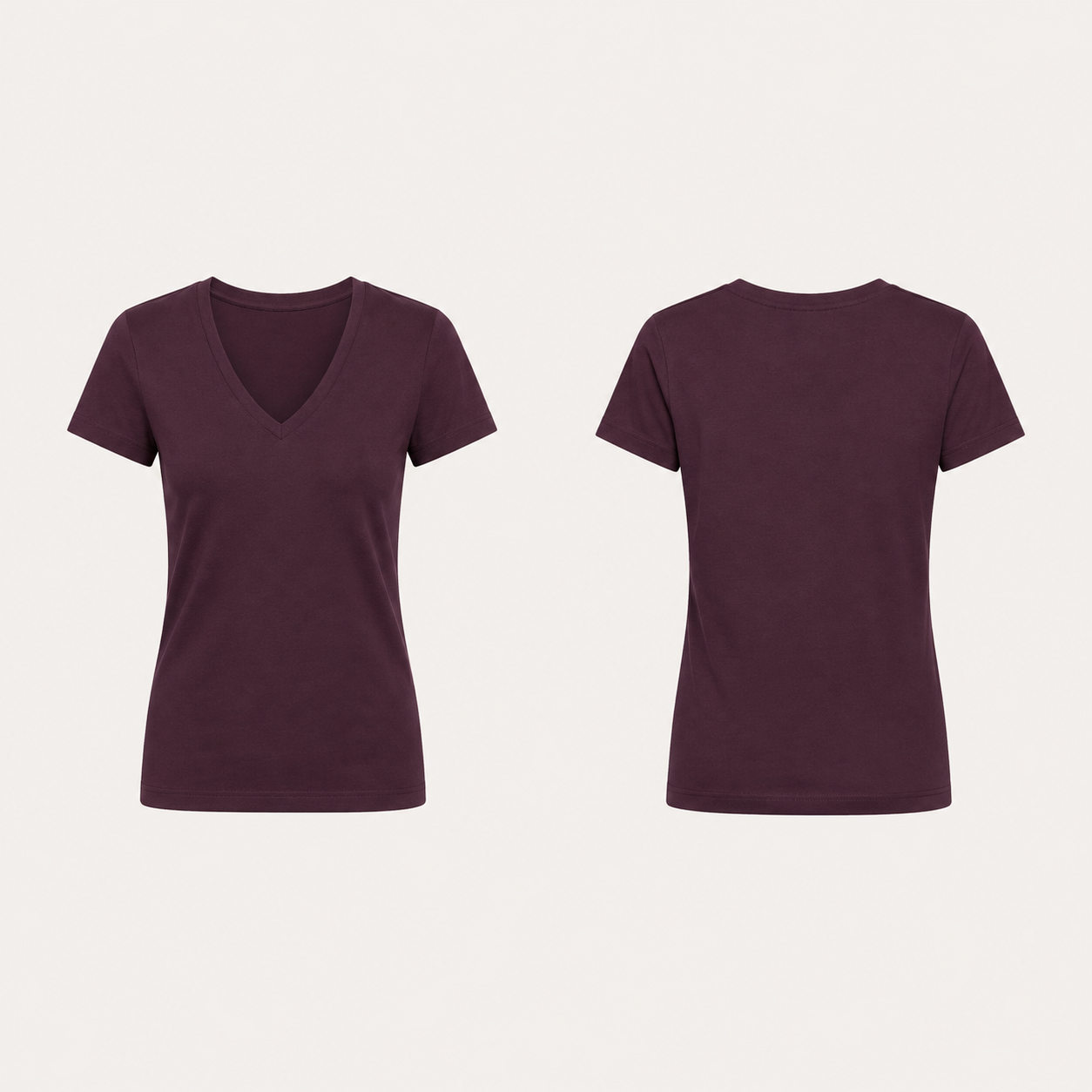 Deep Raisin plain fitted tee with a moderately deep narrow V front and covered rounded back neck, shown front and back.