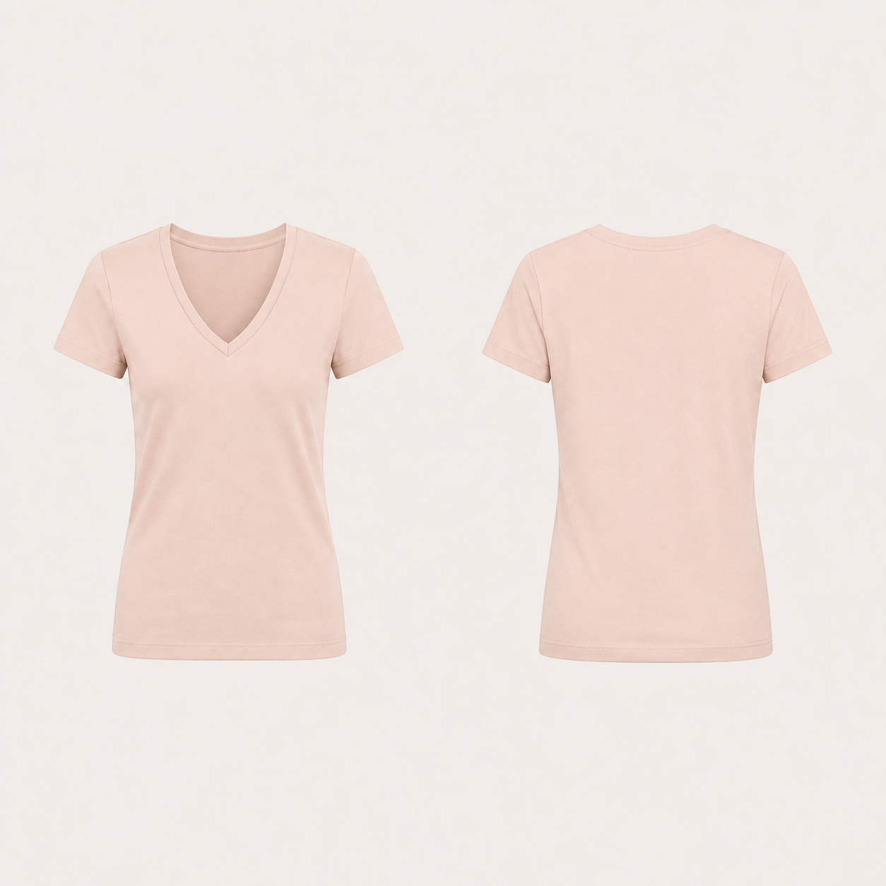 Warm Shell plain fitted tee with the same narrow V front and high rounded back neckline, shown front and back.