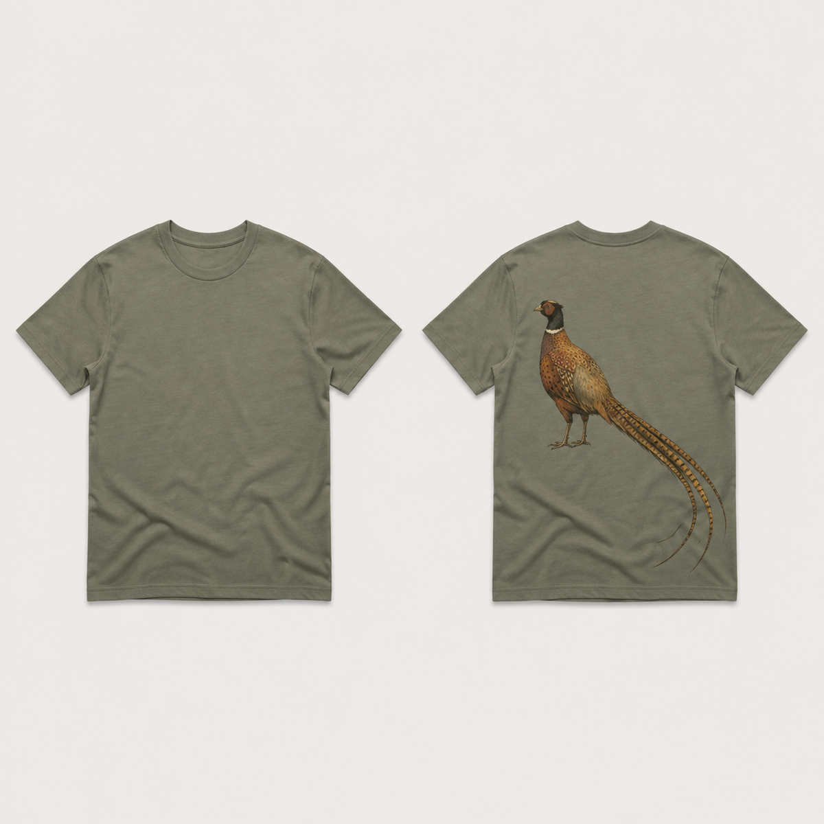 Front and back of a smoke-green heavyweight tee with a plain front and one rust-and-ochre pheasant with a long curved feather tail on the back.