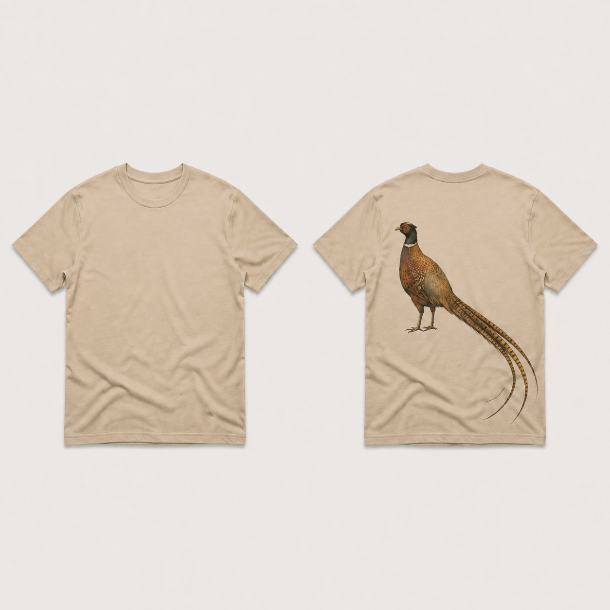 Front and back of a soft-clay heavyweight tee with a plain front and one rust-and-ochre pheasant with a long curved feather tail on the back.