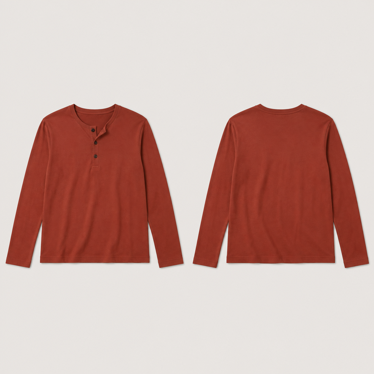 Front and back of a plain red-earth long-sleeve henley with a short three-button placket, its top button undone.