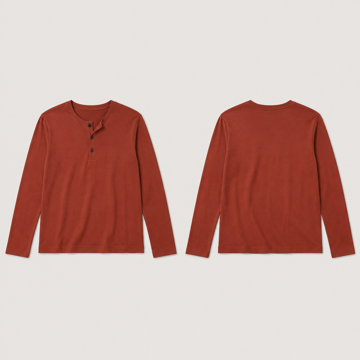 Front and back of a plain red-earth long-sleeve henley with a short three-button placket, its top button undone.