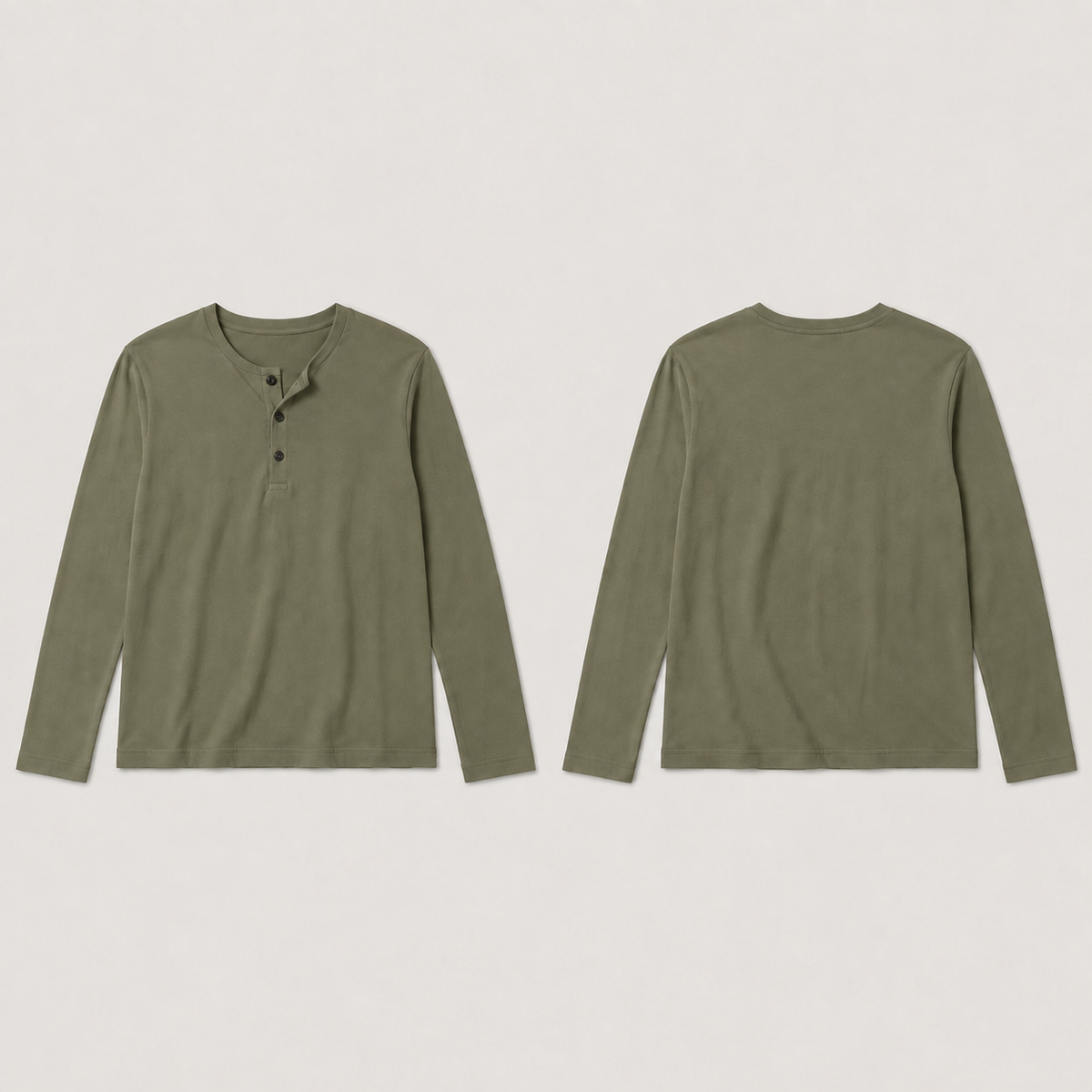 Front and back of a plain quiet-olive long-sleeve henley with a short three-button placket, its top button undone.