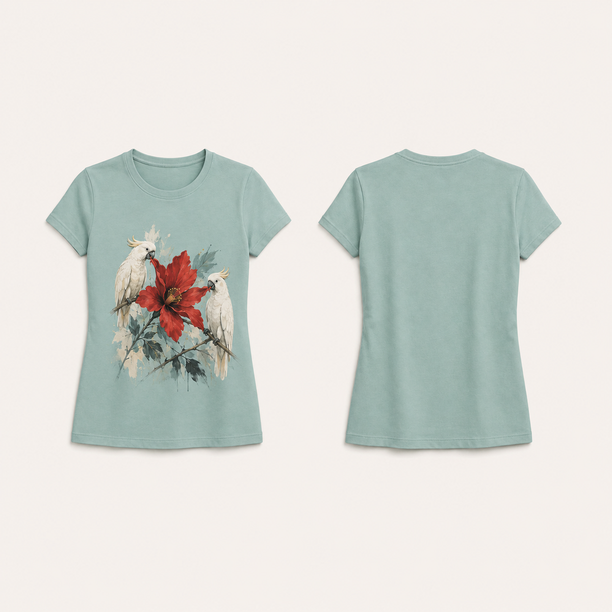 Dusty Aqua fitted tee with two natural white cockatoos pulling different petals of one red flower on the front; plain back.