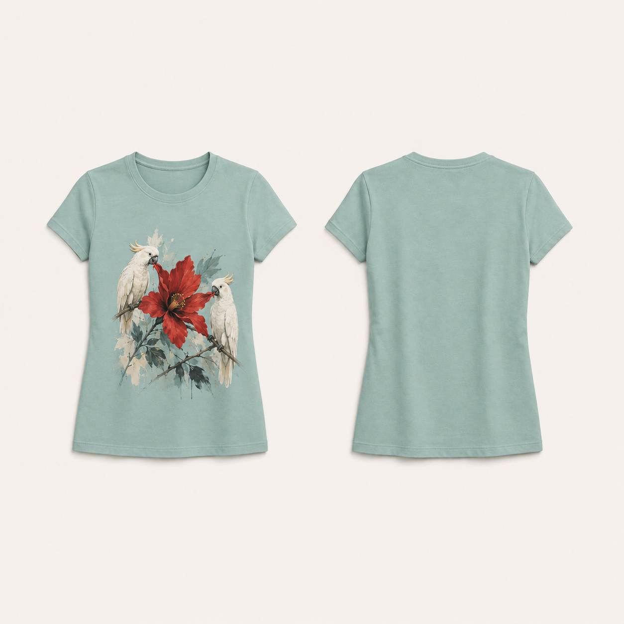 Dusty Aqua fitted tee with two natural white cockatoos pulling different petals of one red flower on the front; plain back.