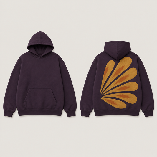 Front and back of an aubergine pullover hoodie; an asymmetric fan of six broad ochre rays with orange brush strokes covers the back, while the front has a plain kangaroo pocket.