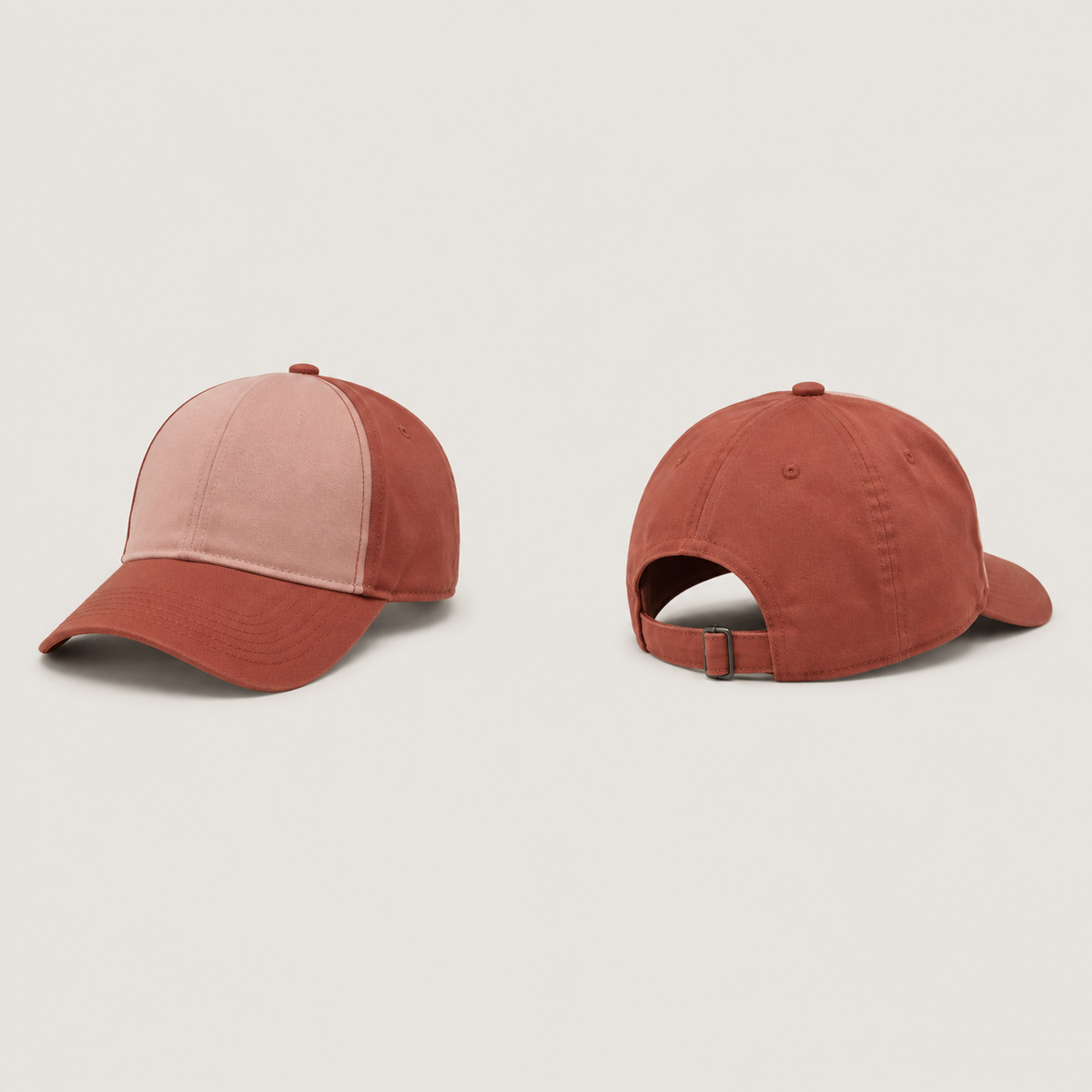 Front and back of a low-profile cap with two dust-pink front panels, brick side and rear panels, a brick curved peak and a rear buckle strap.