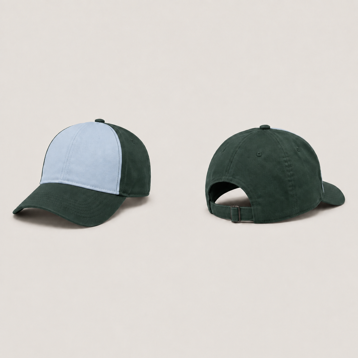 The same cap with ice-blue front panels and pine-green sides, rear, peak and strap.