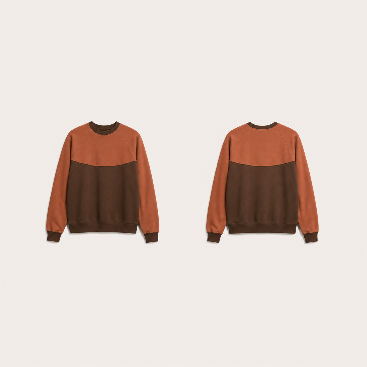 Tobacco crewneck with a broad soft terracotta curved upper yoke and full terracotta raglan sleeves, shown front and back.