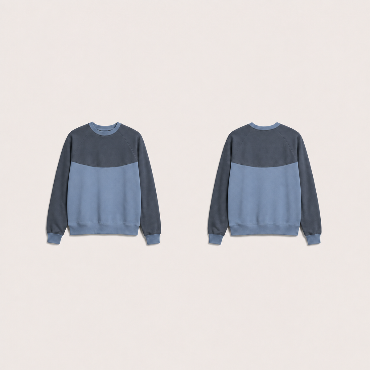 Smoke Blue crewneck with matching deep slate curved upper yoke and raglan sleeves, shown front and back.